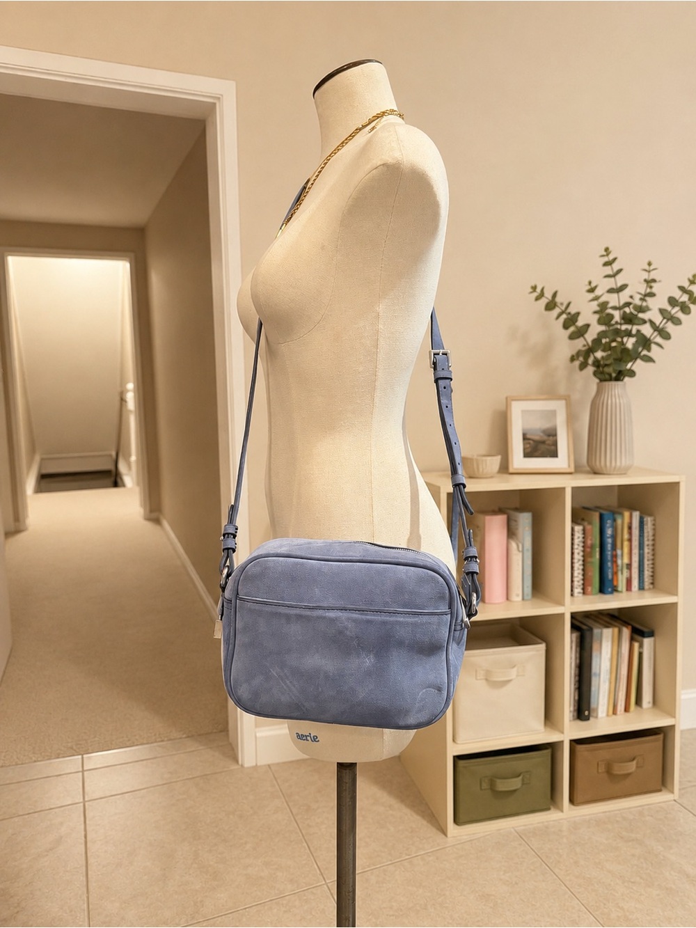 J.Crew Blue Suede Crossbody Bag | Dusty Periwinkle Camera Bag | Adjustable Strap